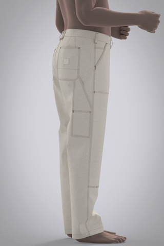 Male avatar wearing cream work pant with double knee panel and jean orange topstitching- Right Side Back View