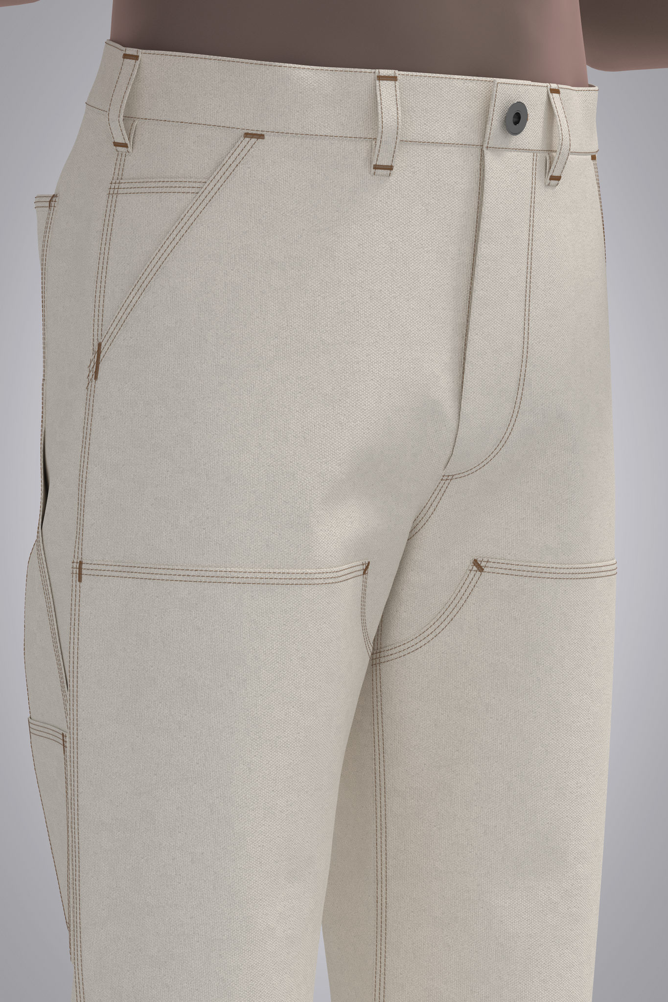 Male avatar wearing cream work pant with double knee panel and jean orange topstitching- Right Front Detail View