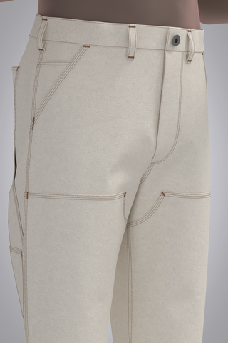 Male avatar wearing cream work pant with double knee panel and jean orange topstitching- Right Front Detail View