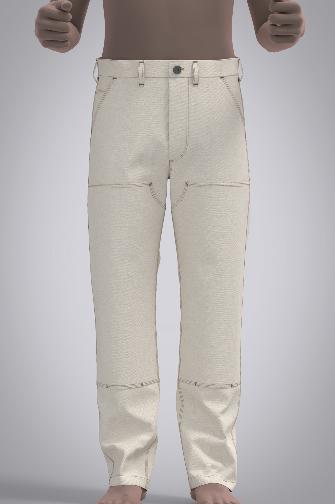 Male avatar wearing cream work pant with double knee panel and jean orange topstitching- Front View